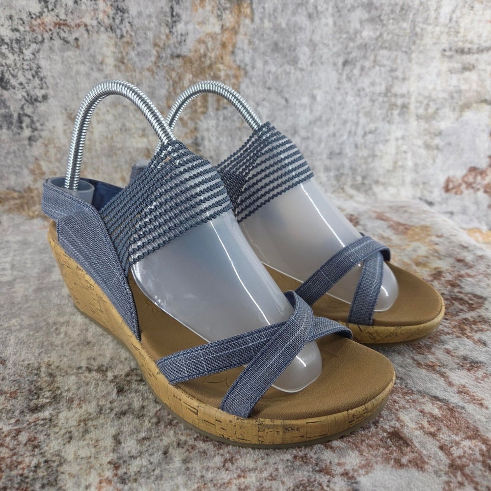 Skechers Beverlee High Tea Wedge Sandals Women 9.5 Blue Denim Elastic Strap Cork
